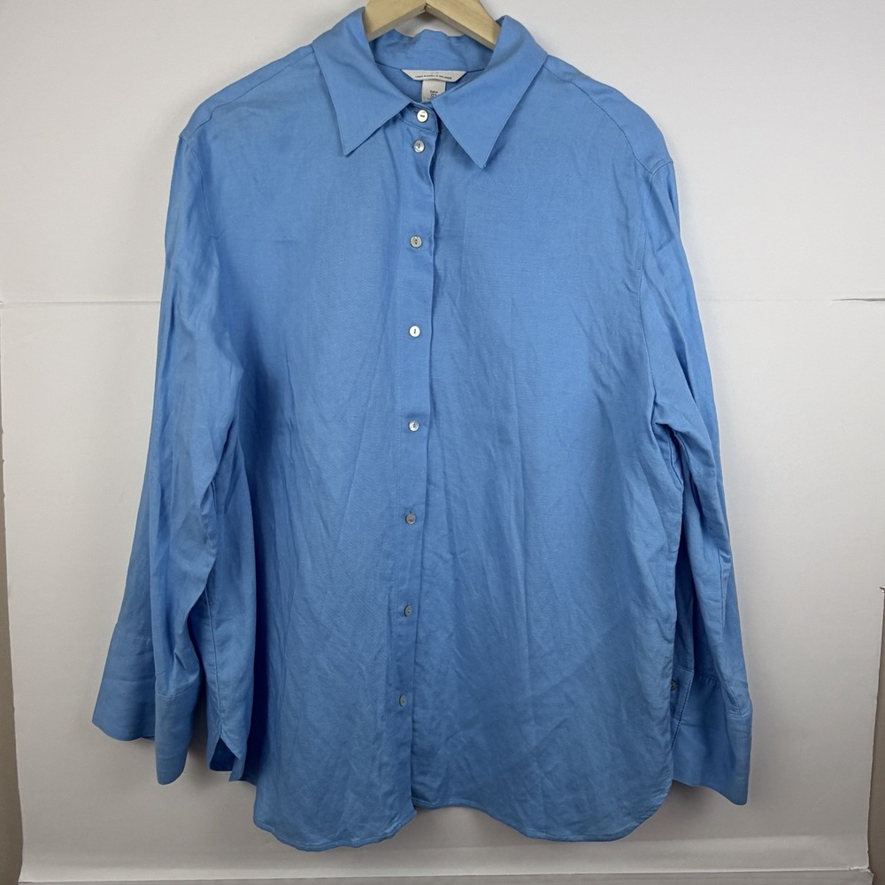 H&M Linen Blend Button Down Shirt Women M Blue Relaxed Coastal Long Sleeve